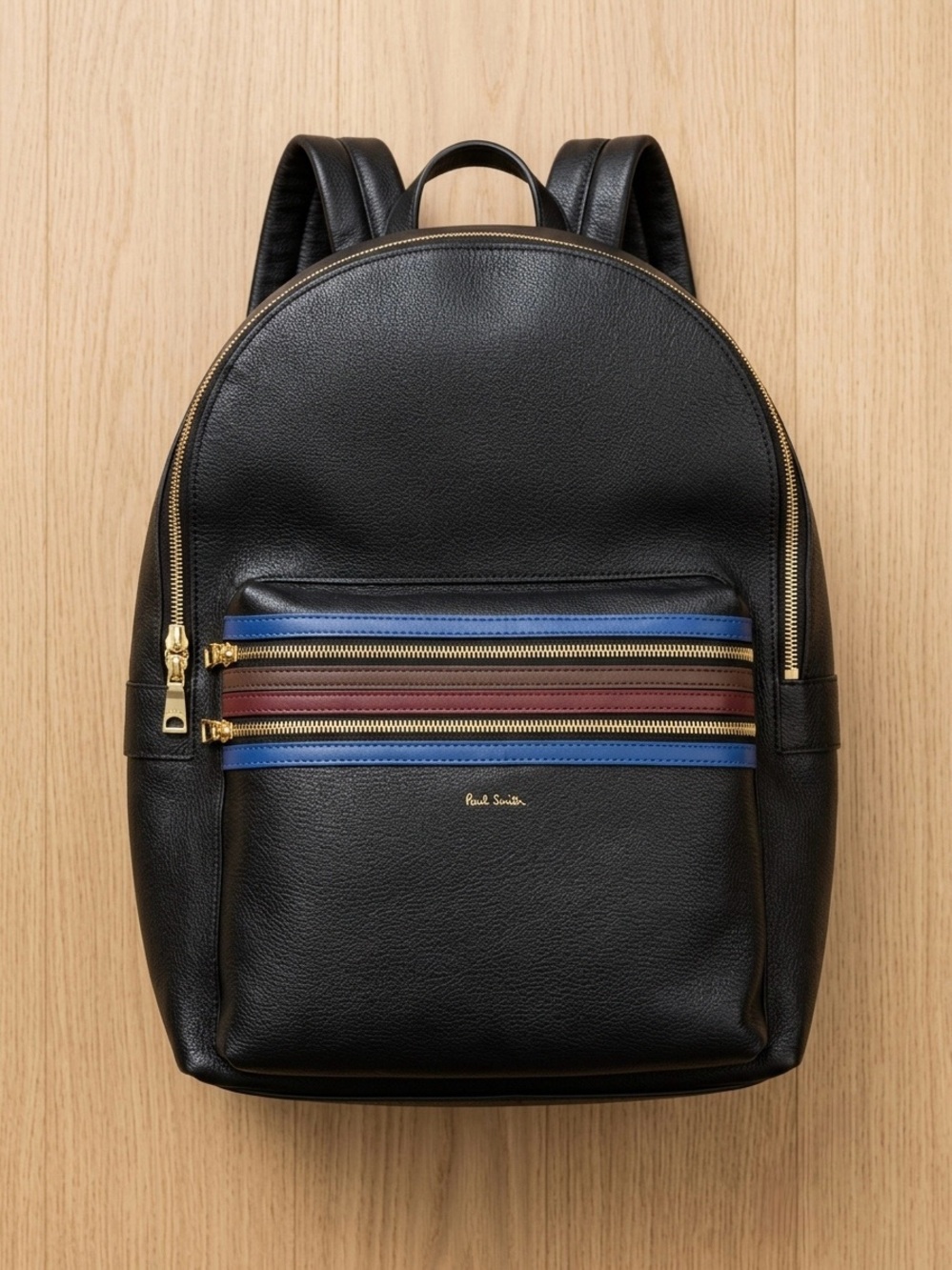 Paul Smith Black Leather Backpack with Multicolor Stripe Accents